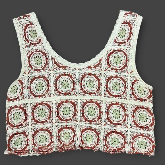 Rachel Zoe S/M Boho Sleeveless Crochet Knit Crop Top Granny Square Festival 70s - Picture 1 of 6